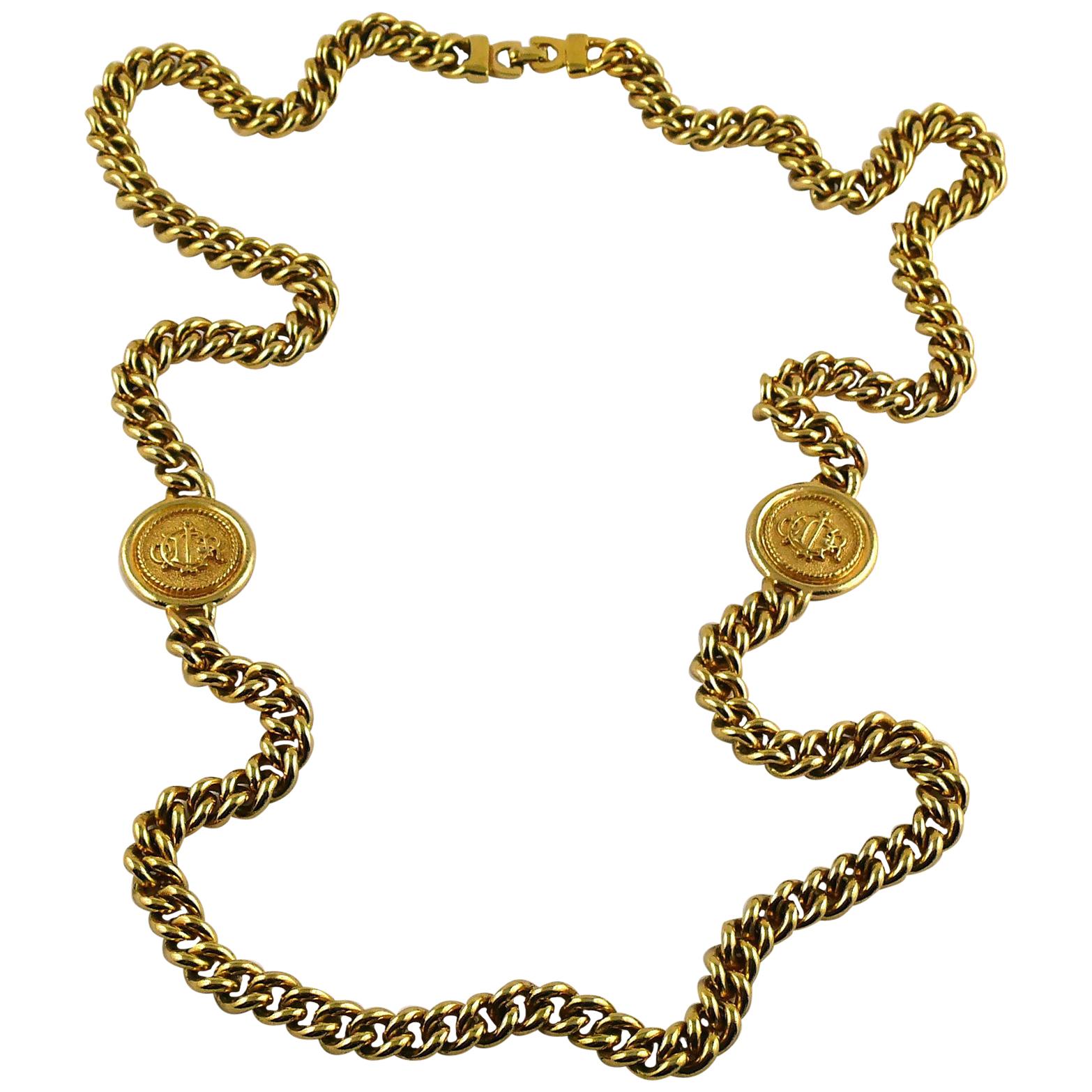 Christian Dior Vintage Gold Toned Logo Medallions Chain Sautoir Necklace