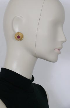 Christian Dior Vintage Gold Toned Nest Glass Cabochon Clip-On Earrings