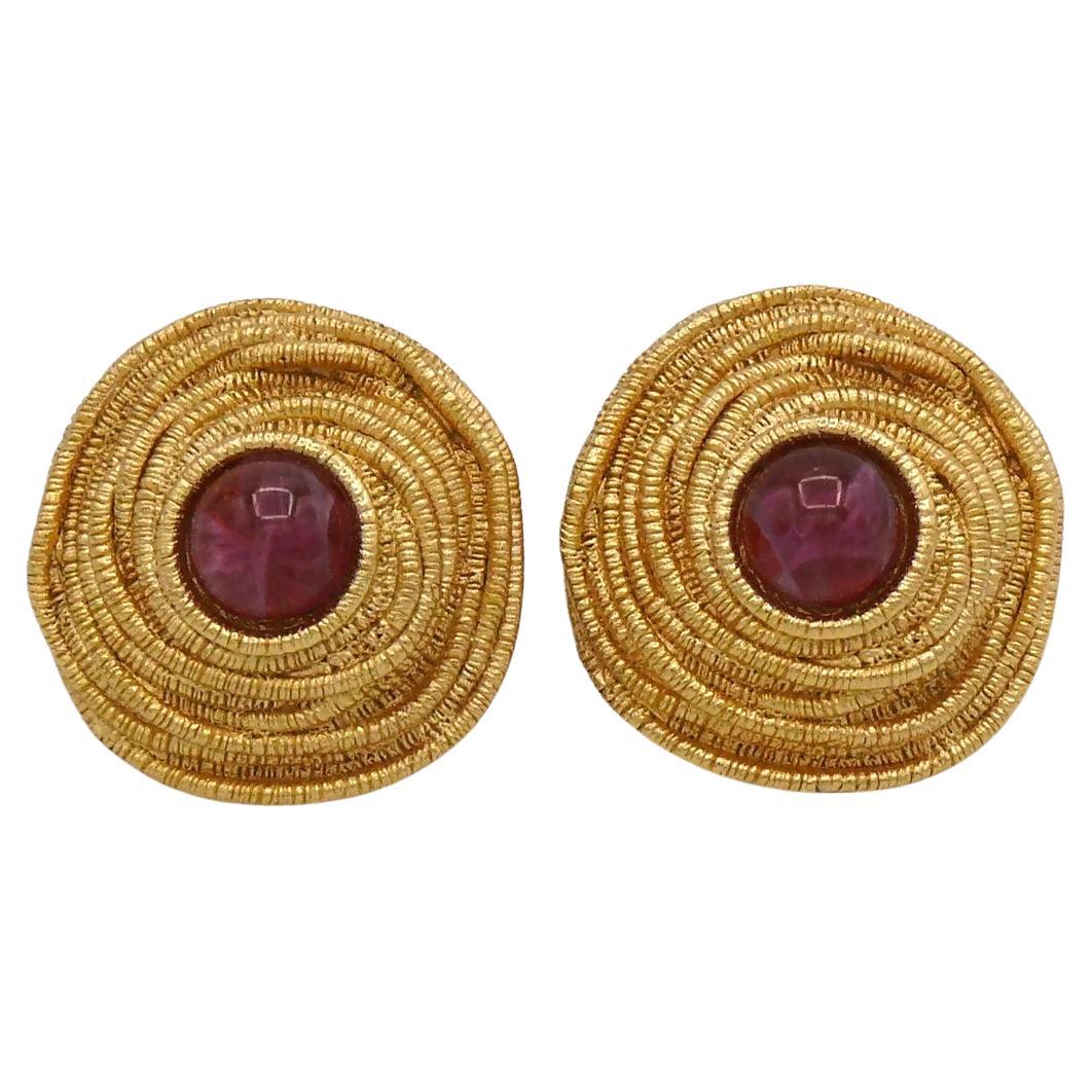 Christian Dior Vintage Gold Toned Nest Glass Cabochon Clip-On Earrings For Sale