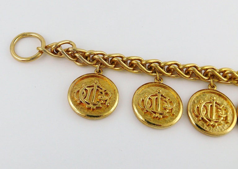 Christian Dior Vintage Gold Toned Signature Coin Charm Bracelet at