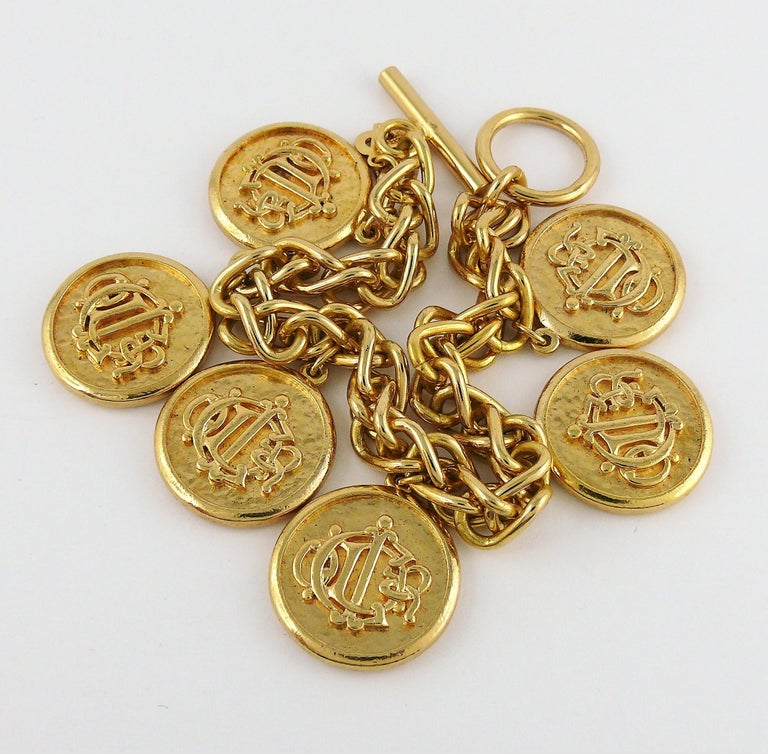 Christian Dior Vintage Gold Toned Signature Coin Charm Bracelet at