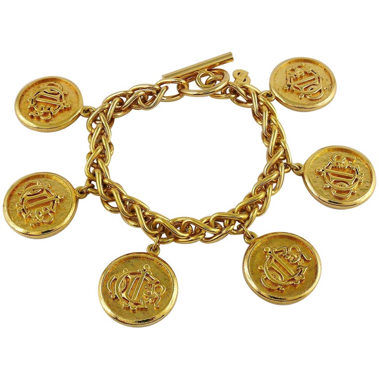 Christian Dior Vintage Gold Toned Signature Coin Charm Bracelet at