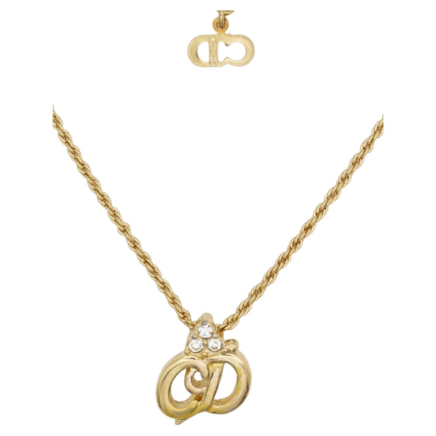 Christian Dior Vintage Gold Trio Crystals Logo CD Monogram Pendant Necklace