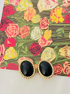 Boucles d'oreilles Christian Dior Vintage, unisexes, dorées, massives, en onyx noir, de forme ovale et en spirale