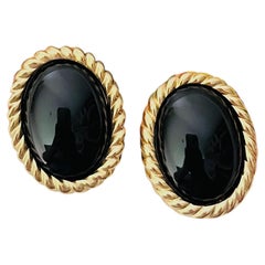 Boucles d'oreilles Christian Dior Vintage, unisexes, dorées, massives, en onyx noir, de forme ovale et en spirale
