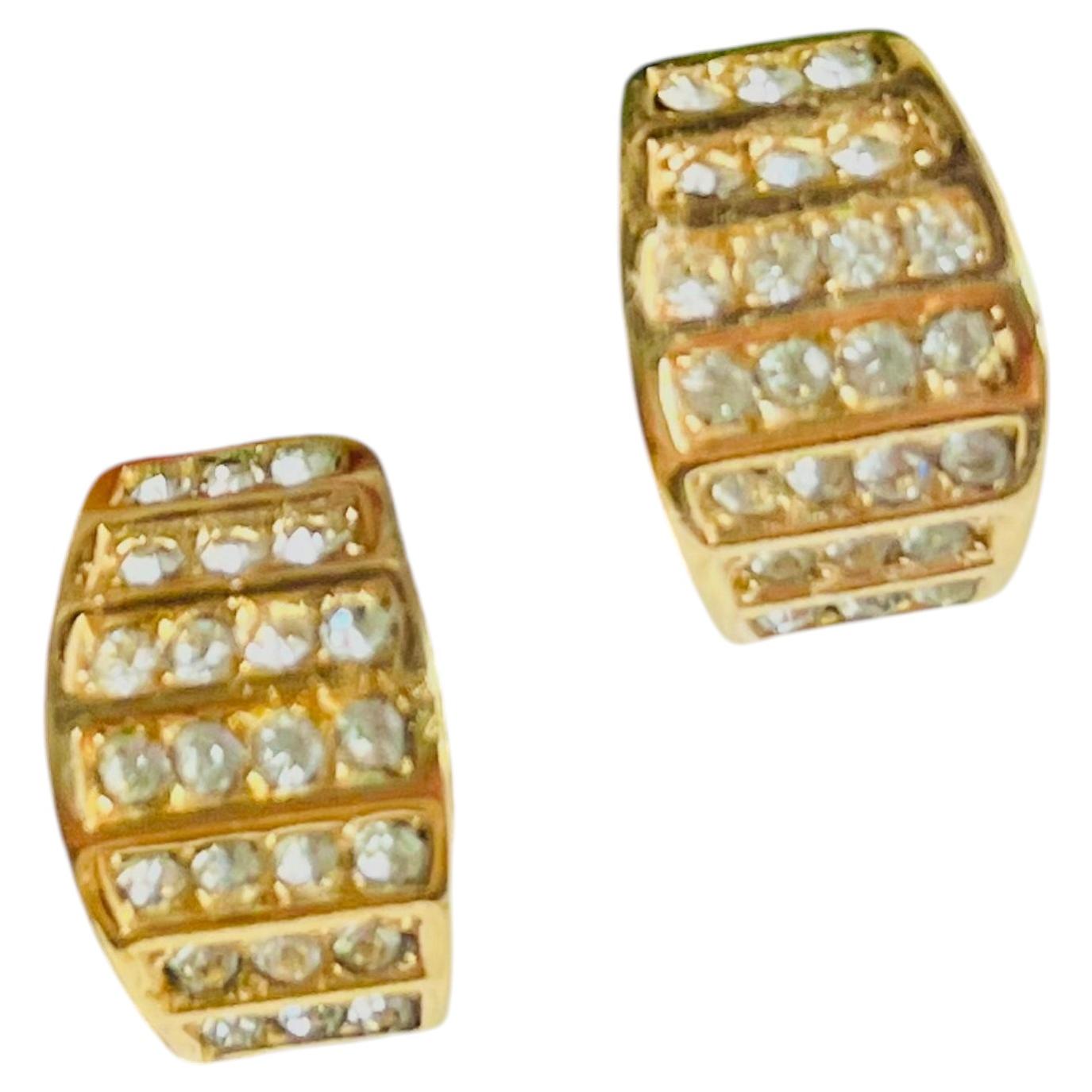 Christian Dior Vintage Gold Unisex Shining Half Domed Hoop Crystals Earrings