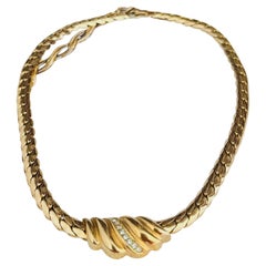 Christian Dior Vintage Gold Unisex Swirl Wavy Conch Crystals Pendant Necklace