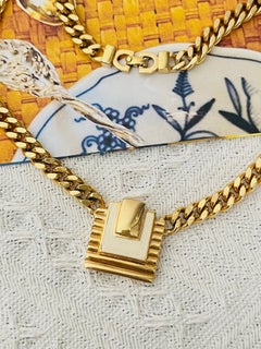 Christian Dior Vintage Gold Unisex White Square Egyptian Pendant Cuban Necklace