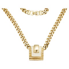 Christian Dior Vintage Gold Unisex White Square Egyptian Pendant Cuban Necklace