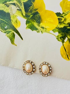 Christian Dior Vintage Gold White Flower Oval Pearl Sparking Crystals Earrings