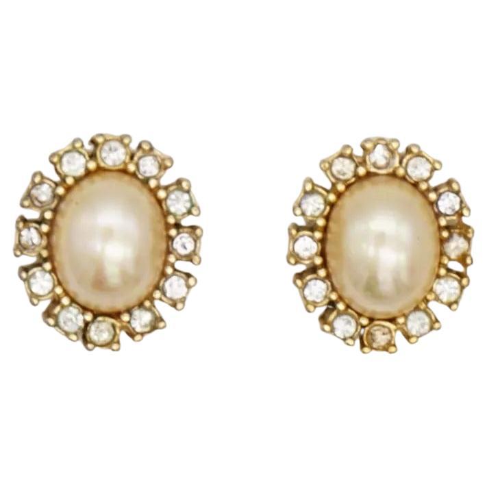 Christian Dior Vintage Gold White Flower Oval Pearl Sparking Crystals Earrings