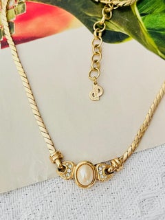 Christian Dior Vintage Gold White Oval Pearl Crystals Linked Pendant Necklace