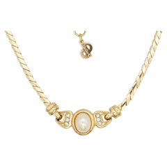 Christian Dior Vintage Gold White Oval Pearl Crystals Linked Pendant Necklace