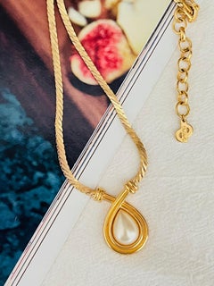 Christian Dior Vintage Gold White Pearl Cross Water Tear Drop Pendant Necklace