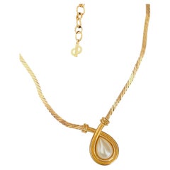 Christian Dior Vintage Gold White Pearl Cross Water Tear Drop Pendant Necklace
