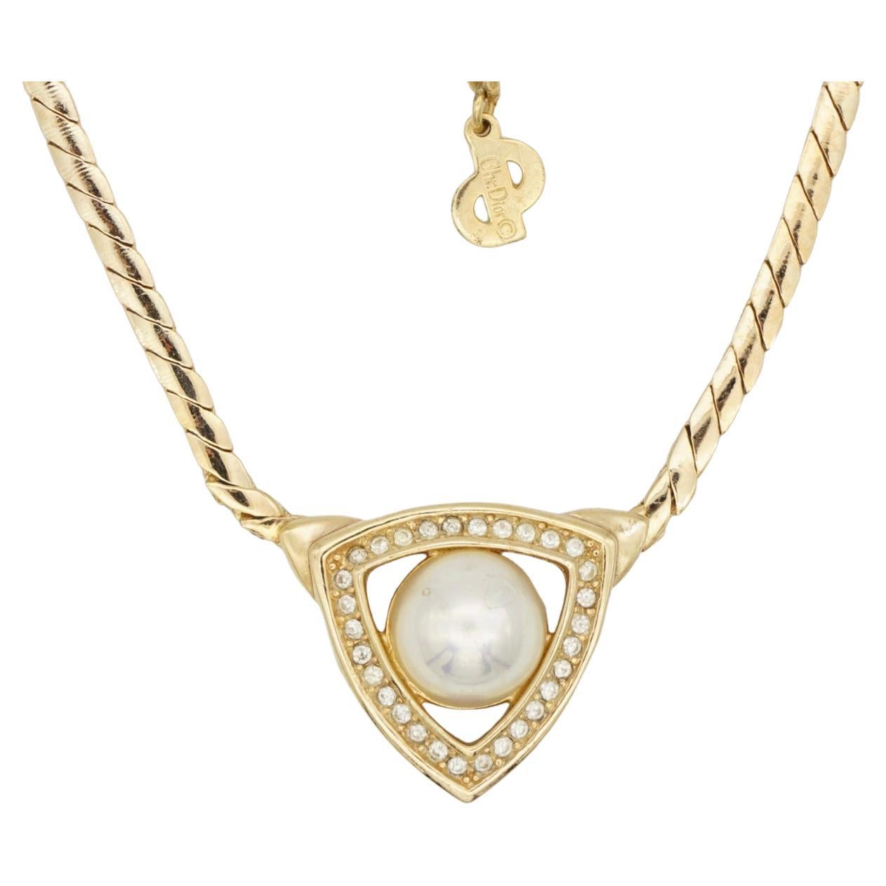 Christian Dior Vintage Gold White Pearl Triangle Openwork Crystals Necklace For Sale
