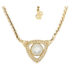 Christian Dior Vintage Gold White Pearl Triangle Openwork Crystals Necklace