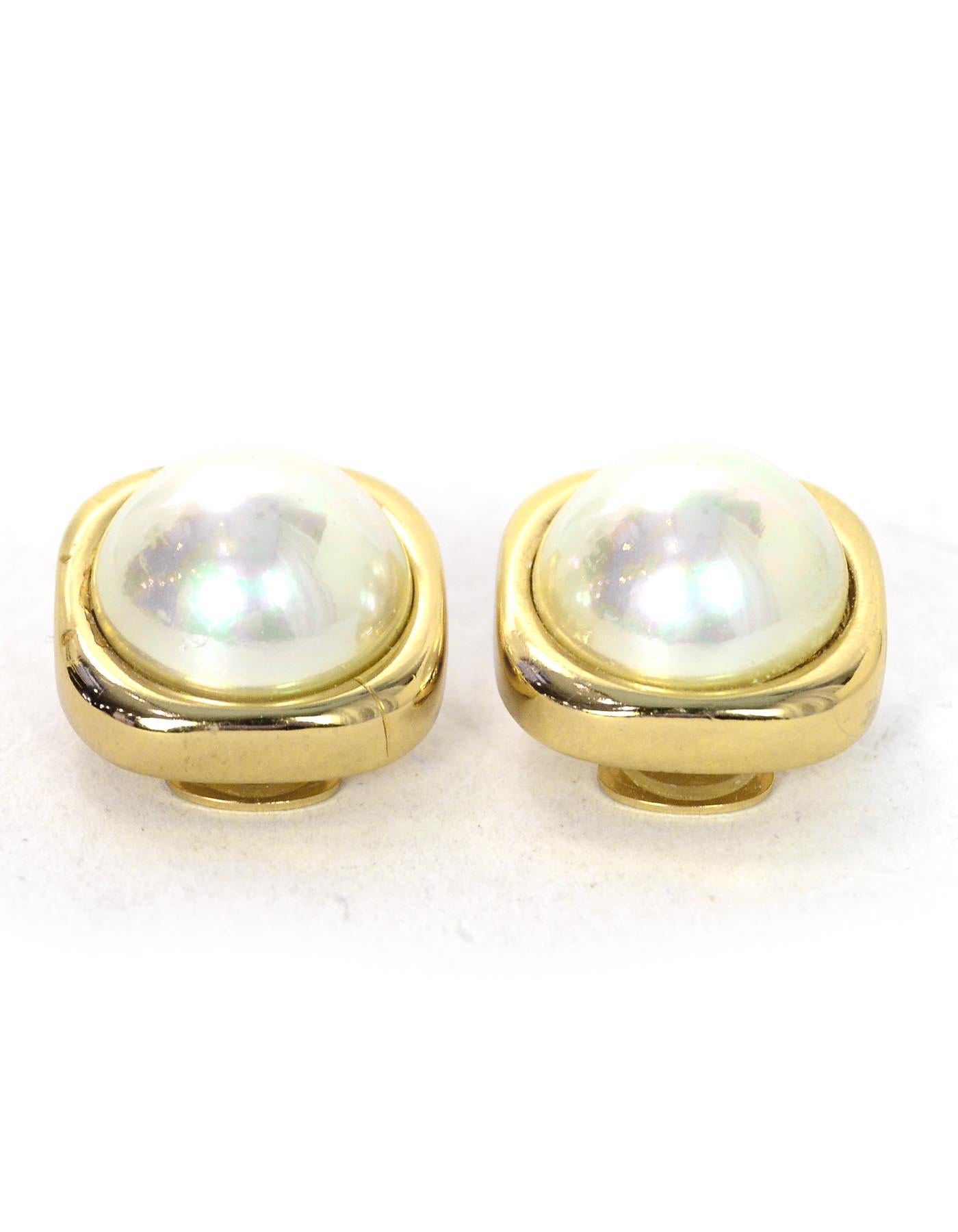 Christian Dior Vintage Goldtone Square Earrings W/ Center Faux Pearl In Excellent Condition In New York, NY