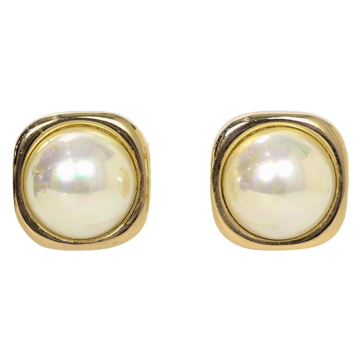 Christian Dior Vintage Goldtone Square Earrings W/ Center Faux Pearl