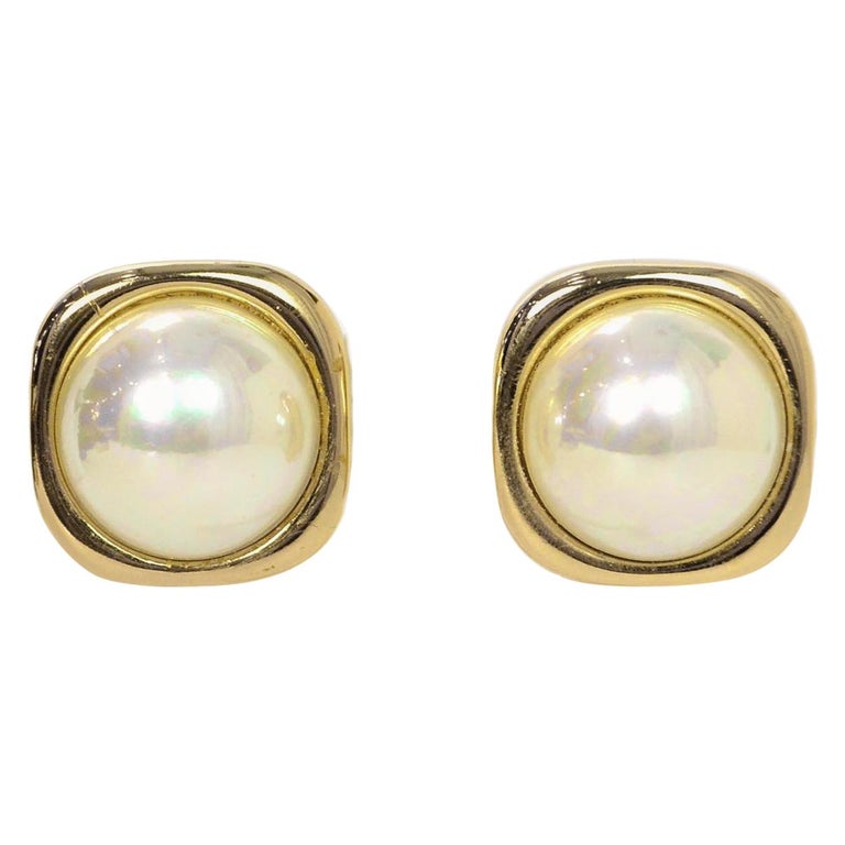 Christian Dior Vintage Goldtone Square Earrings W/ Center Faux Pearl ...
