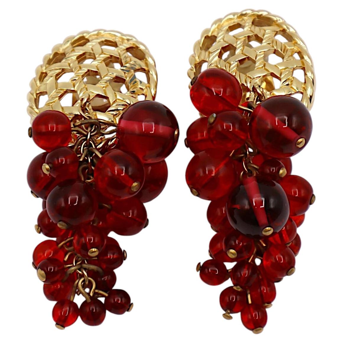 CHRISTIAN DIOR Vintage Gold‑Tone Woven Trellis Design Earrings with Glass Beads