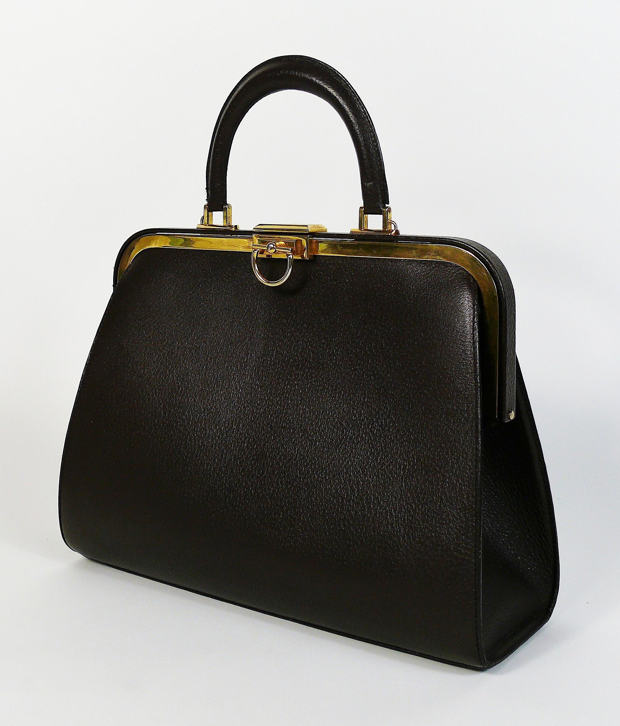 Black Christian Dior Vintage Grained Brown Leahter Doctor Style Handbag