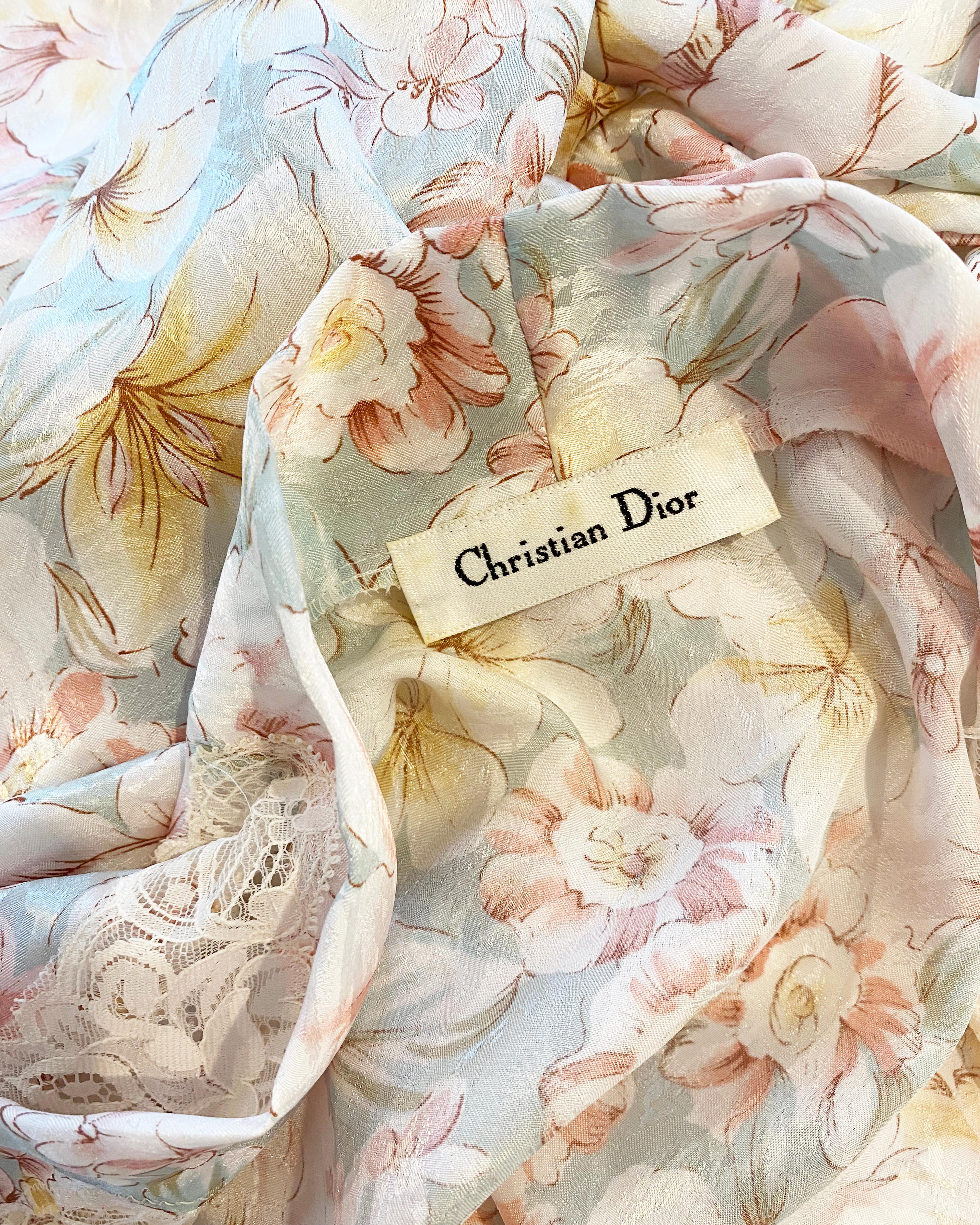 Christian Dior vintage green pink white floral mini belted lace dress robe coat For Sale 13