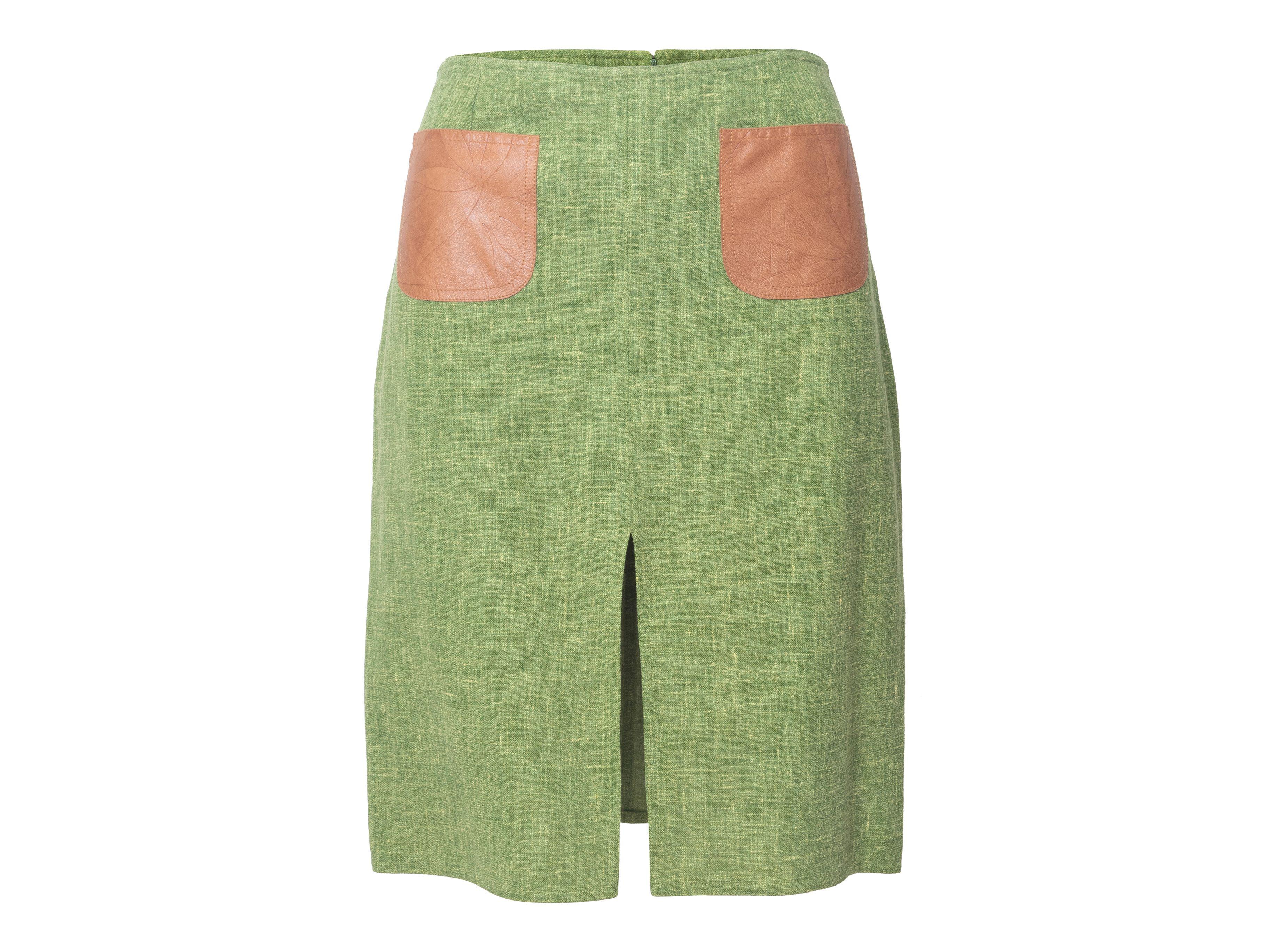 Christian Dior Vintage Green & Tan Linen & Leather Skirt In Good Condition In New York, NY