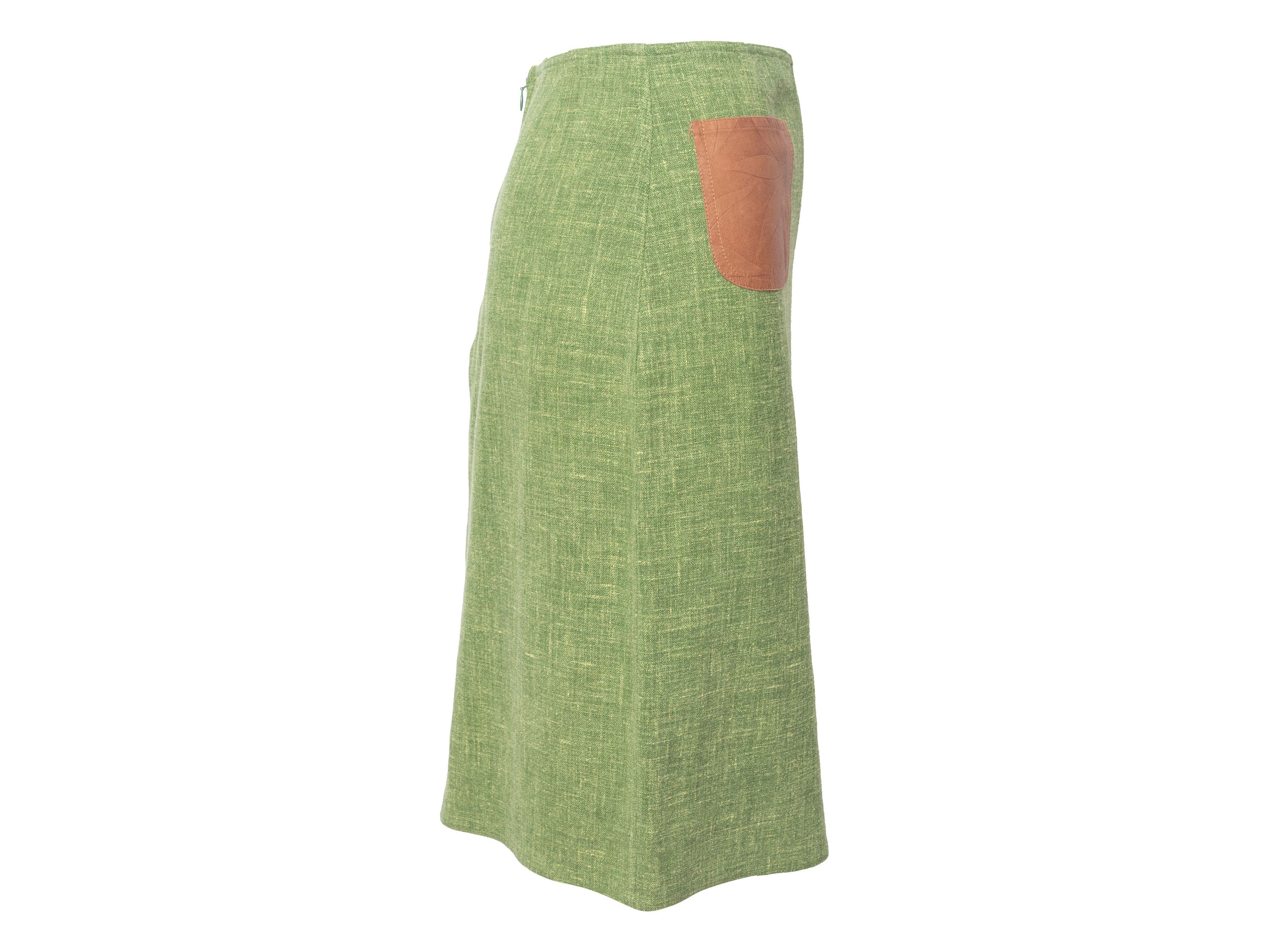 Christian Dior Vintage Green & Tan Linen & Leather Skirt 1
