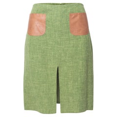 Christian Dior Vintage Green & Tan Linen & Leather Skirt