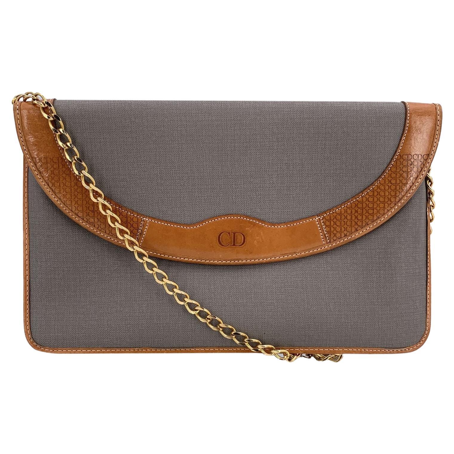 Christian Dior Vintage Grey Canvas Chain Convertible Shoulder Bag For Sale