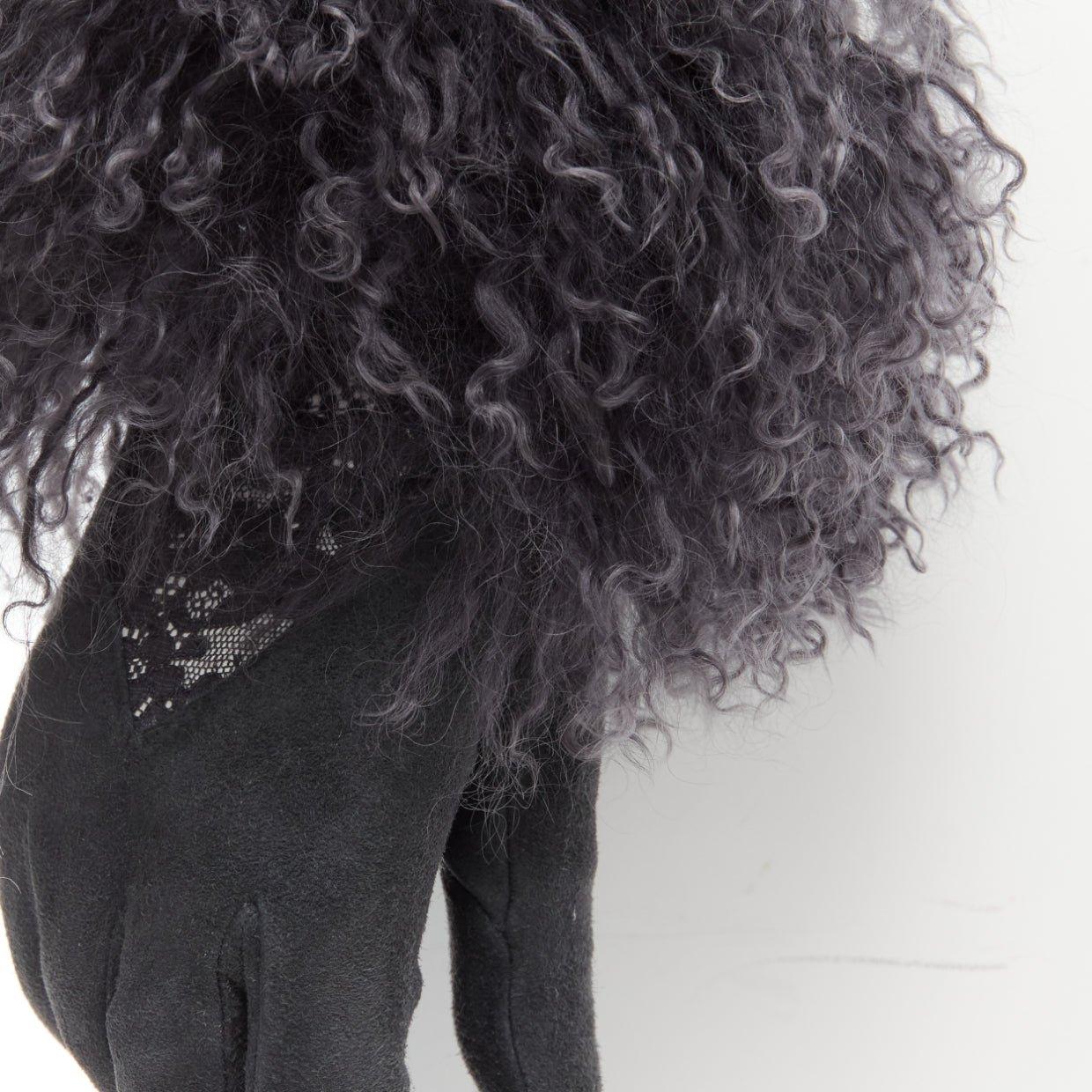 Black CHRISTIAN DIOR Vintage grey Mongolian shearling fur suede lace panel gloves 7.5 For Sale