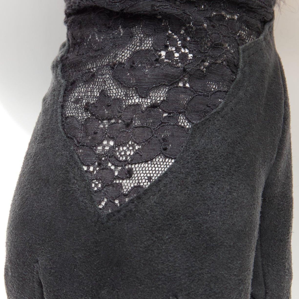 CHRISTIAN DIOR Vintage grey Mongolian shearling fur suede lace panel gloves 7.5 In Good Condition For Sale In Hong Kong, NT