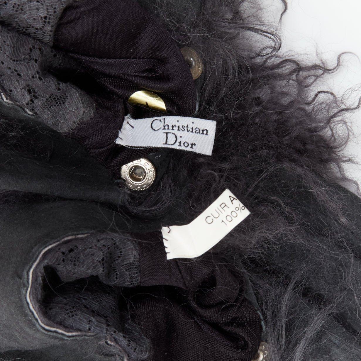 CHRISTIAN DIOR Vintage grey Mongolian shearling fur suede lace panel gloves 7.5 For Sale 1
