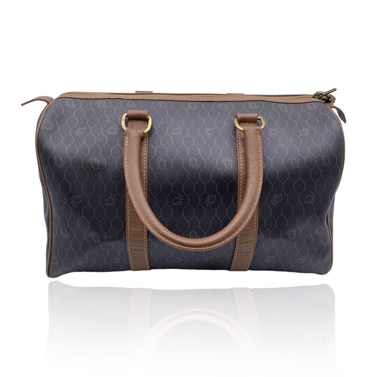 Christian Dior Vintage Grey Monogram Canvas Duffle Boston Bag For Sale
