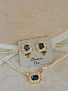 Christian Dior Vintage Gripoix Blue Sapphire Crystals Octagon White Pearls 2 Set