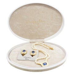 Christian Dior Vintage Gripoix Blue Sapphire Crystals Octagon White Pearls 2 Set