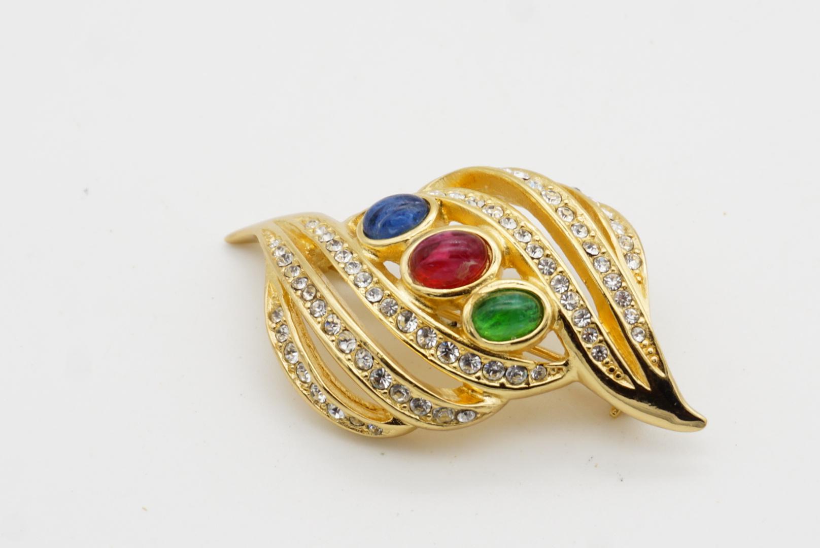 Christian Dior Vintage Gripoix Crystals Sapphire Ruby Emerald Leaf Gold Brooch For Sale 6