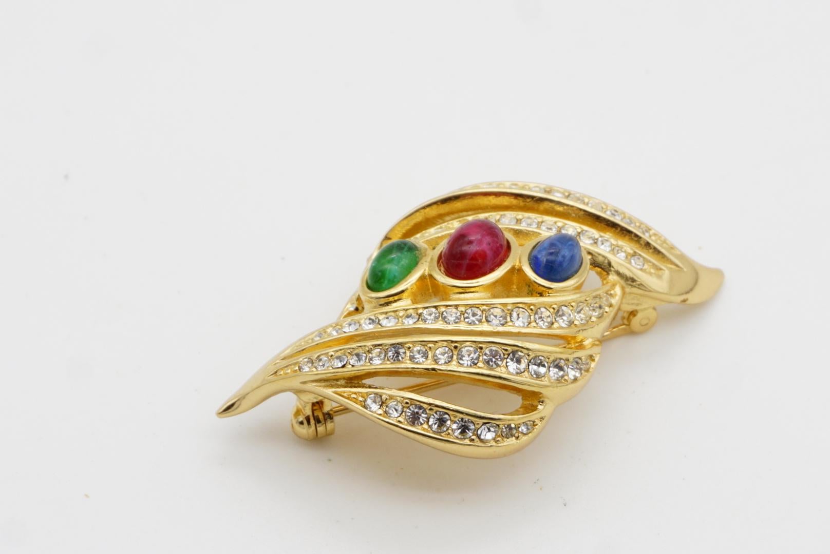 Christian Dior Vintage Gripoix Crystals Sapphire Ruby Emerald Leaf Gold Brooch For Sale 7