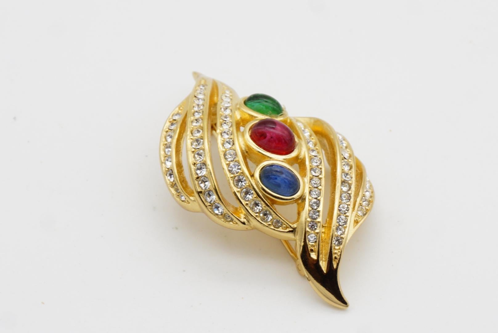 Christian Dior Vintage Gripoix Crystals Sapphire Ruby Emerald Leaf Gold Brooch For Sale 8