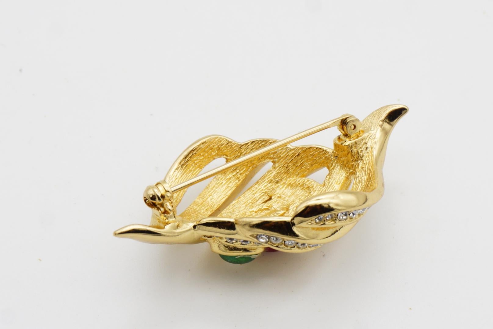 Christian Dior Vintage Gripoix Crystals Sapphire Ruby Emerald Leaf Gold Brooch For Sale 9