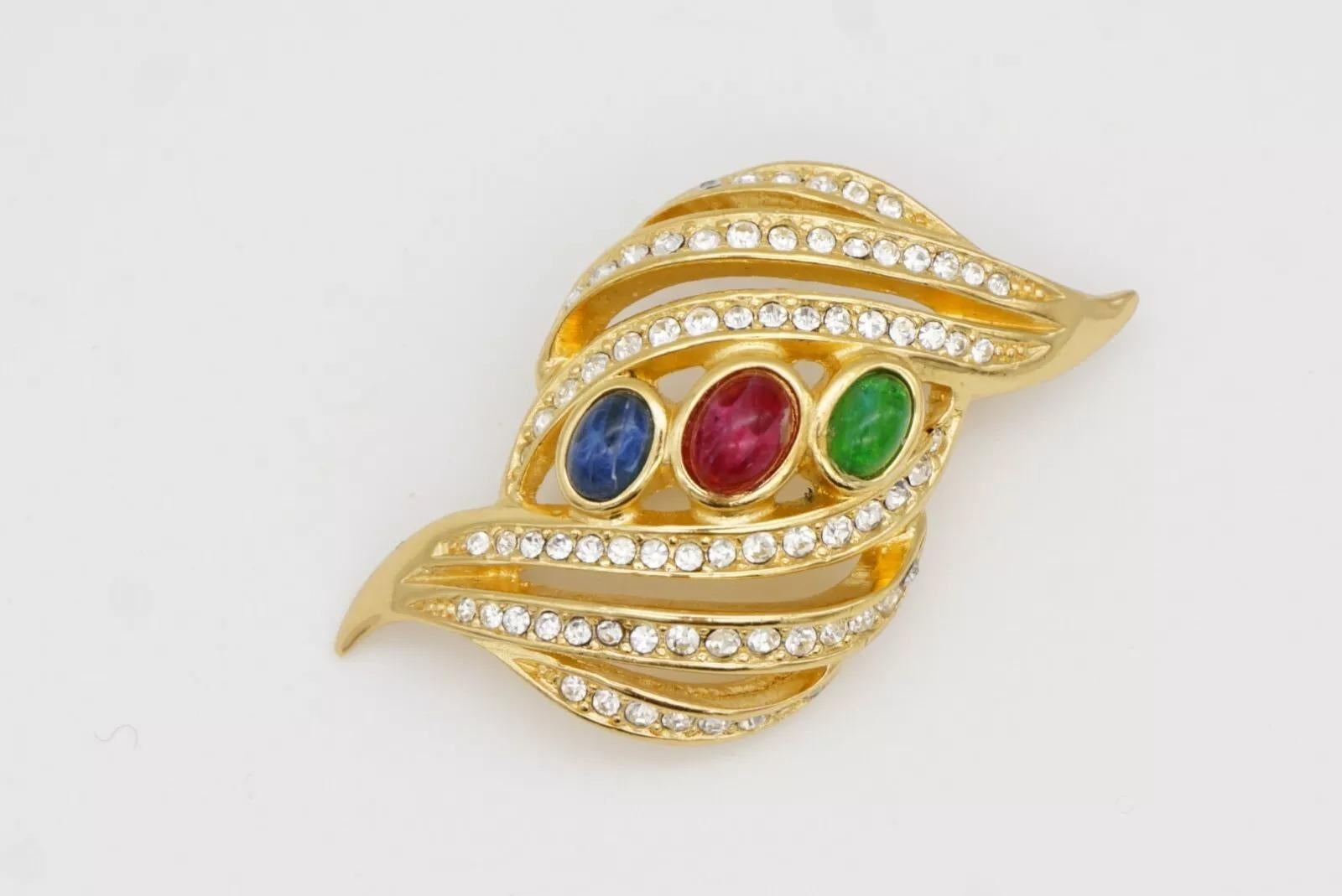 Christian Dior Vintage Gripoix Crystals Sapphire Ruby Emerald Leaf Gold Brooch For Sale 12