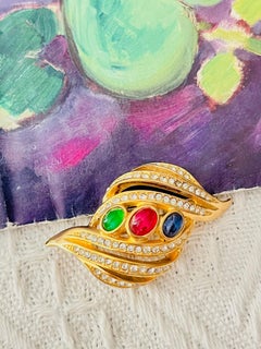 Christian Dior Vintage Gripoix Crystals Sapphire Ruby Emerald Leaf Gold Brooch