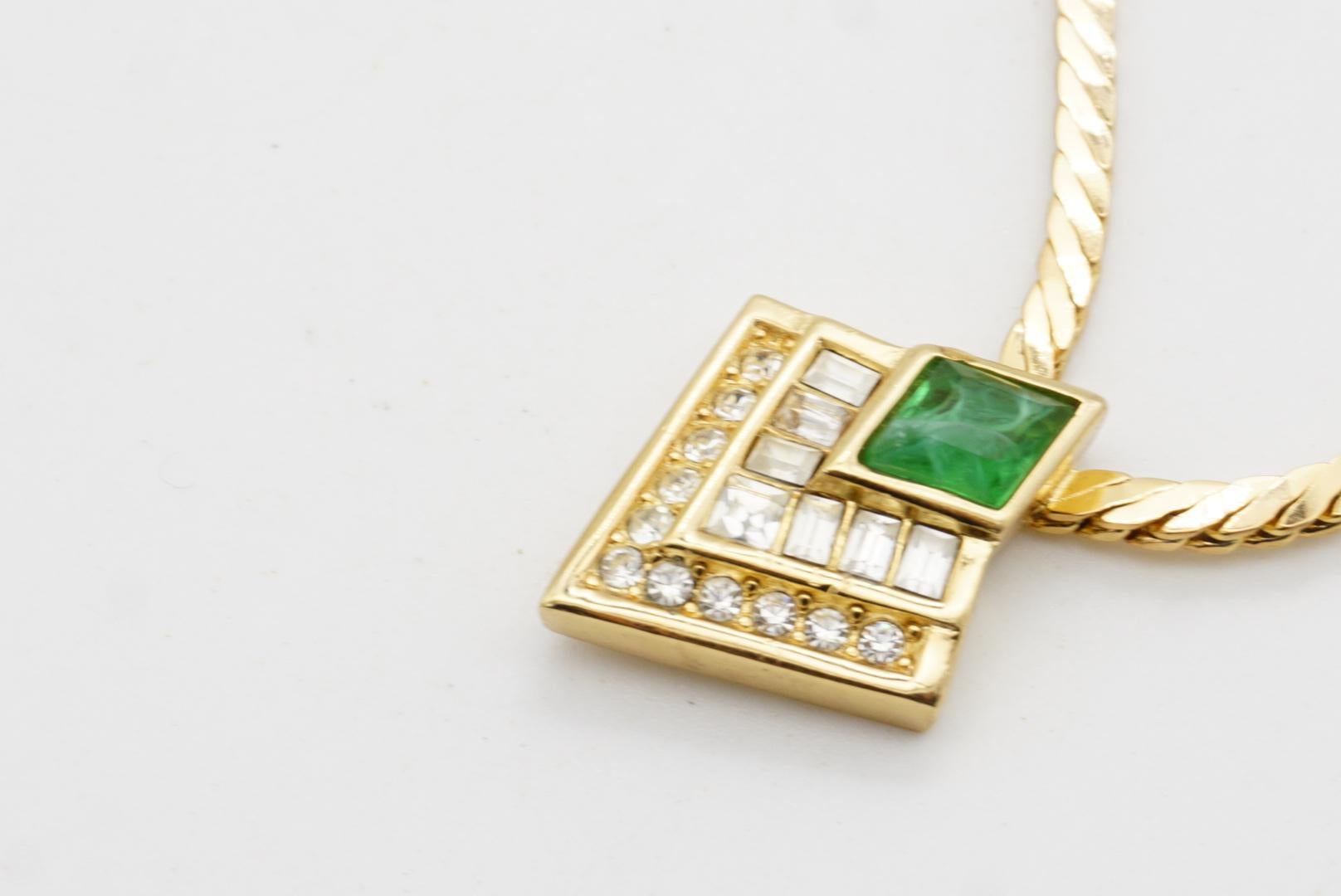 Christian Dior Vintage Gripoix Emerald Diamond Rectangle Crystals Gold Necklace For Sale 5