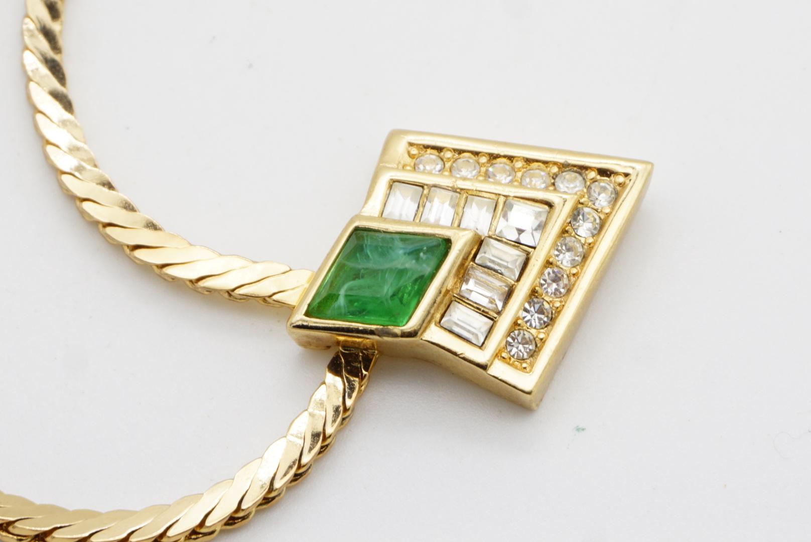 Christian Dior Vintage Gripoix Emerald Diamond Rectangle Crystals Gold Necklace For Sale 6