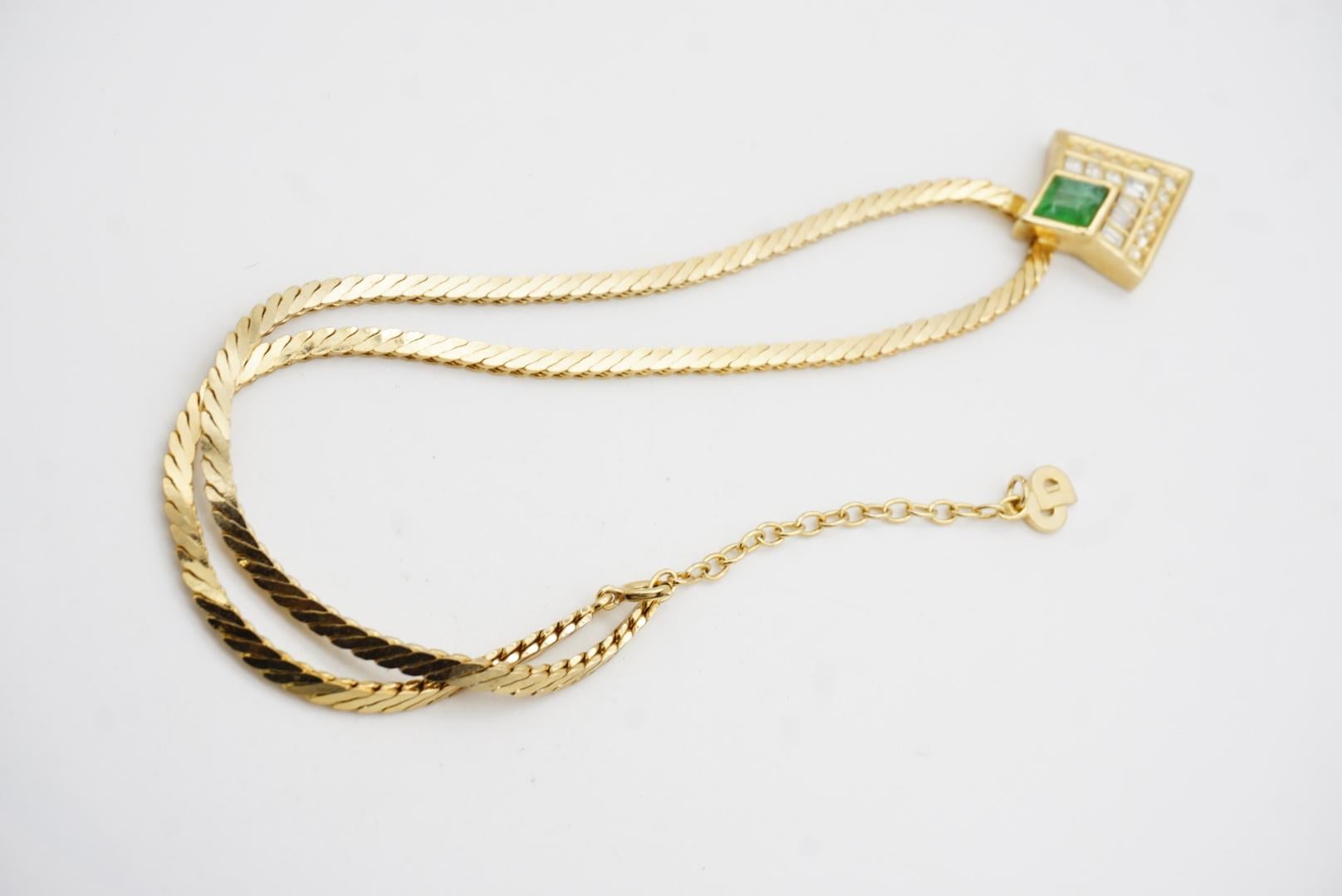 Christian Dior Vintage Gripoix Emerald Diamond Rectangle Crystals Gold Necklace For Sale 9