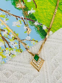 Christian Dior Vintage Gripoix Emerald Diamond Rectangle Crystals Gold Necklace