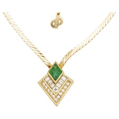 Christian Dior Vintage Gripoix Emerald Diamond Rectangle Crystals Gold Necklace