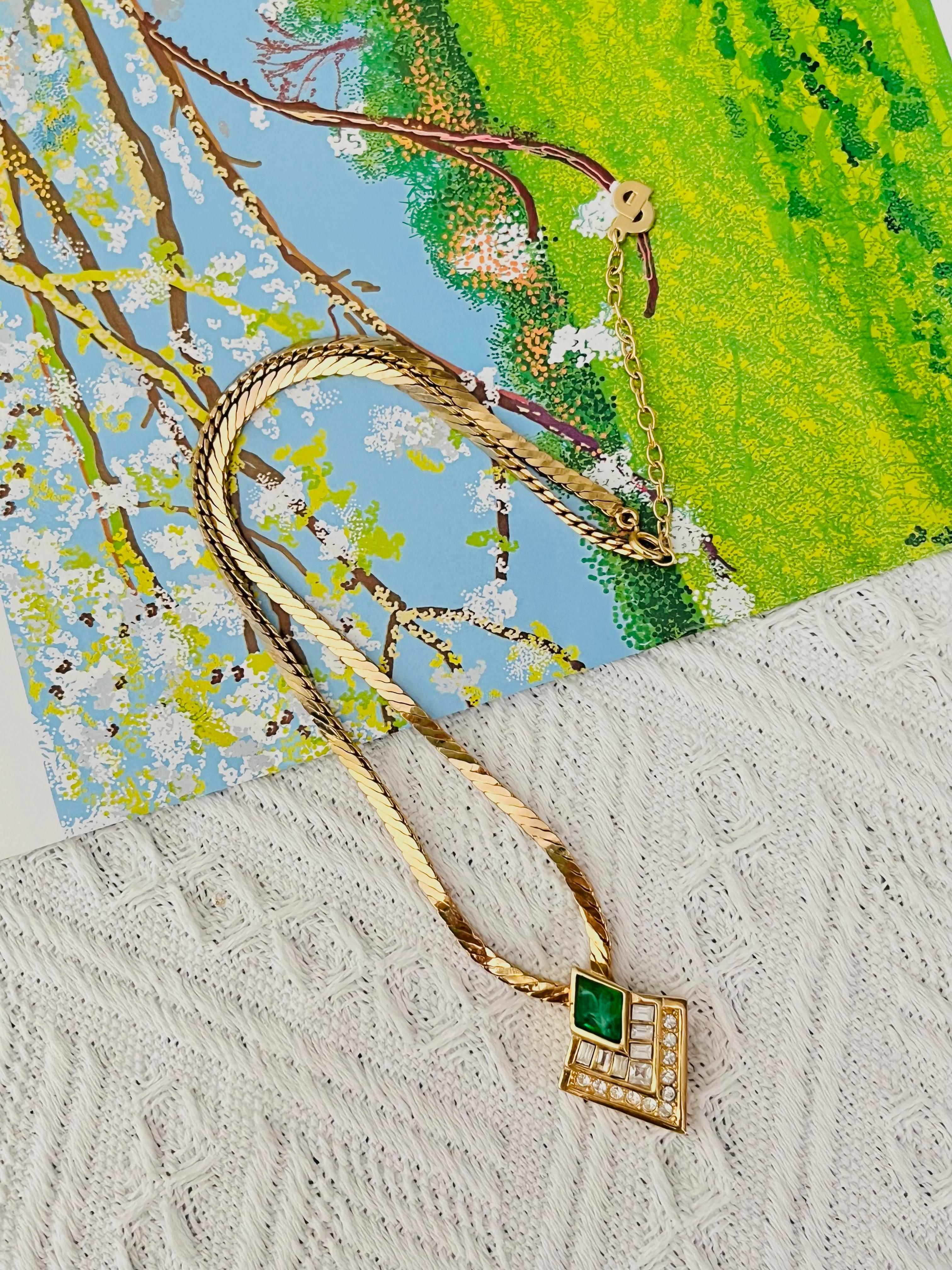 Art Deco Christian Dior Vintage Gripoix Emerald Diamond Rectangle Crystals Gold Necklace For Sale