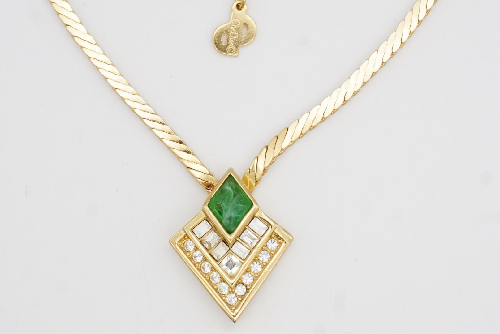 Christian Dior Vintage Gripoix Emerald Diamond Rectangle Crystals Gold Necklace For Sale 4